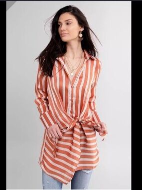 Buckle Black Button Tie Front Long Slv  Chiffon Stripe Tunic Top Size M